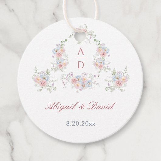 Pastel Peonies Lijst bruiloft monogrammen cirkel Bedankjes Labels (Voorkant)