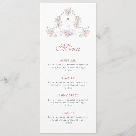 Pastel Peonies Lijst bruiloft monogrammen Menu (Voorkant)