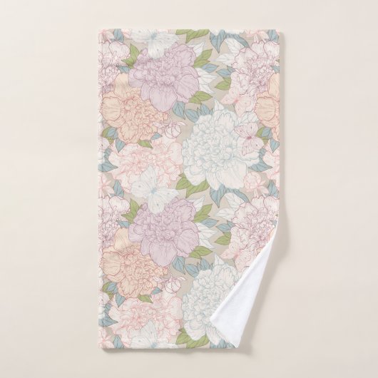 Pastel Peony & Butterfly Flower Pattern Bad Handdoek (Handdoek)