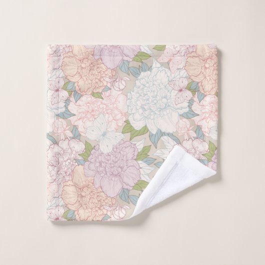 Pastel Peony & Butterfly Flower Pattern Bad Handdoek (Wasdoekje)