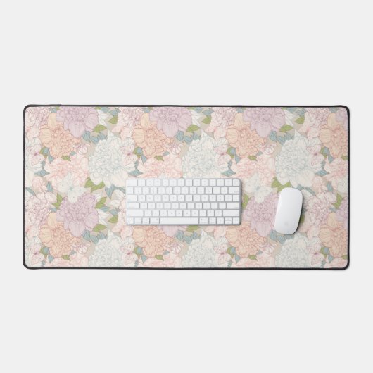 Pastel Peony & Butterfly Flower Pattern Bureaumat (Keyboard & Muis)