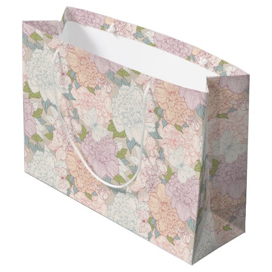 Pastel Peony & Butterfly Flower Pattern Groot Cadeauzakje (Achterkant Gekanteld)