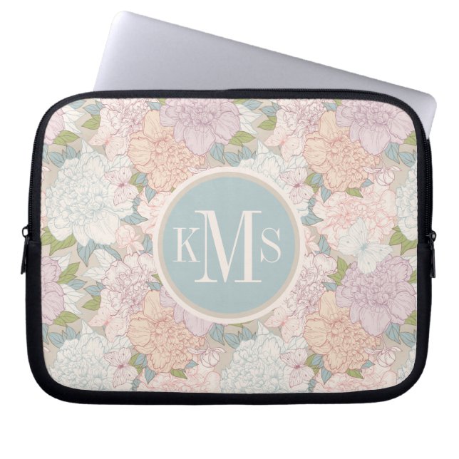 Pastel Peony & Butterfly Flower Pattern Laptop Sleeve (Voorkant)