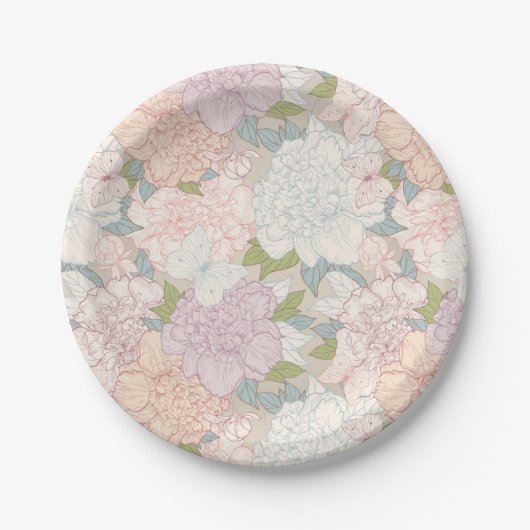 Pastel Peony & Butterfly Flower Pattern Papieren Bordje (Voorkant)