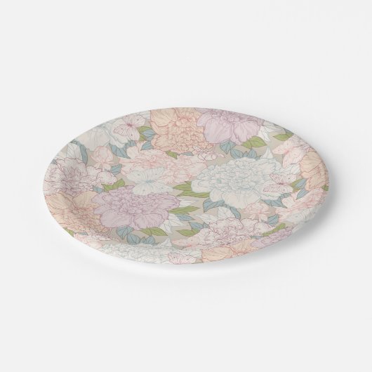 Pastel Peony & Butterfly Flower Pattern Papieren Bordje (Gekanteld)