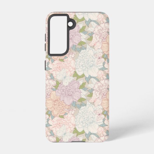 Pastel Peony & Butterfly Flower Pattern Samsung Galaxy Hoesje (Achterkant)