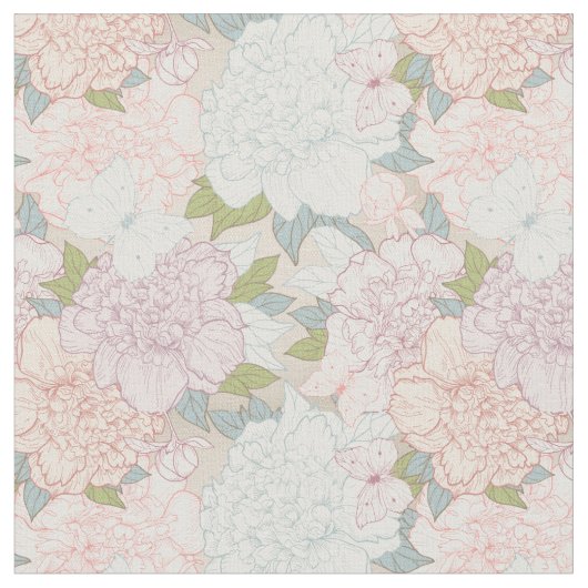 Pastel Peony & Butterfly Flower Pattern Stof (Close Up)