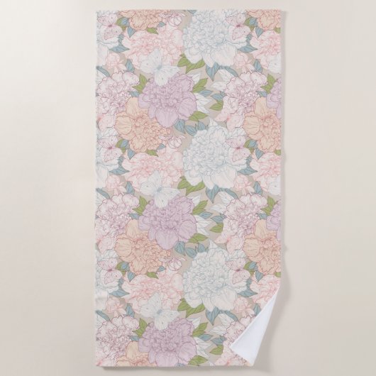 Pastel Peony & Butterfly Flower Pattern Strandlaken (Voorkant)