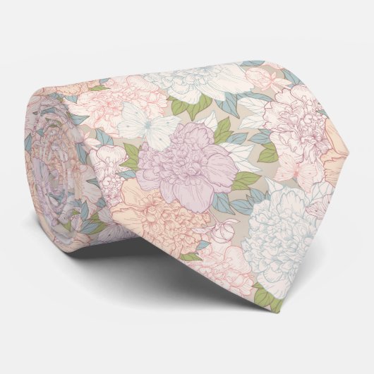 Pastel Peony & Butterfly Flower Pattern Stropdas (Opgerold)