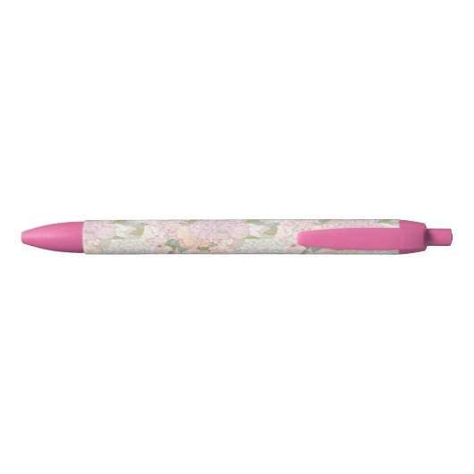 Pastel Peony & Butterfly Flower Pattern Zwarte Inkt Pen (Achterkant)