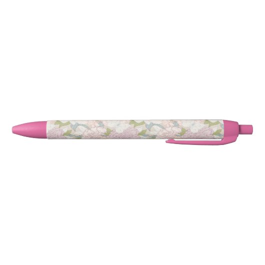 Pastel Peony & Butterfly Flower Pattern Zwarte Inkt Pen (Bodem)