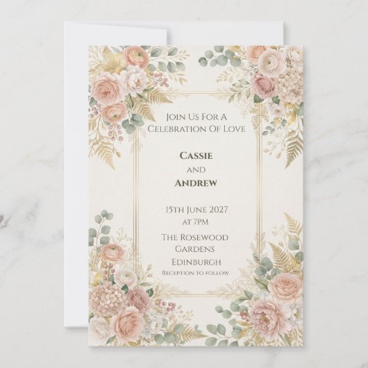 Pastel Perzik Bloemen Bruiloft Uitnodiging (Voorkant)