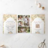 Pastel Perzik Bloemen QR Code Indiase bruiloft Drieluik Uitnodiging (Binnen)