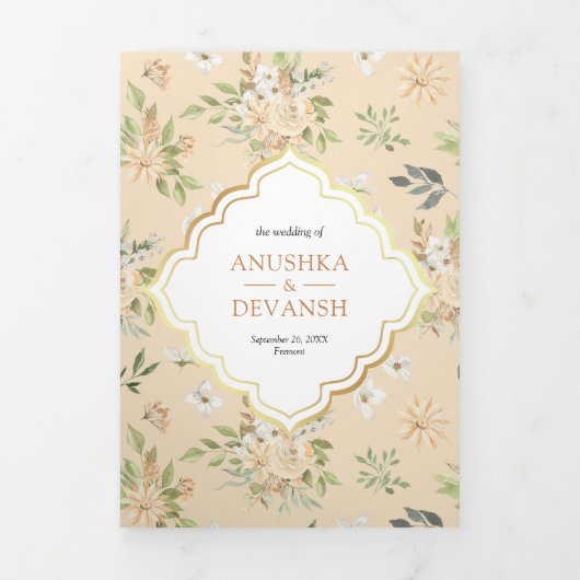 Pastel Perzik Bloemen QR Code Indiase bruiloft Drieluik Uitnodiging (Cover)