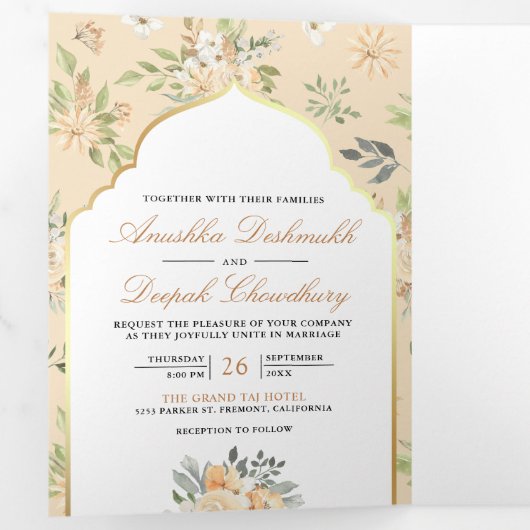 Pastel Perzik Bloemen QR Code Indiase bruiloft Drieluik Uitnodiging (Binnenzijde eerst)