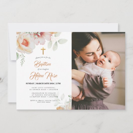 Pastel Perzik Bloemen Waterverf Doopuitnodiging Kaart (Voorkant)