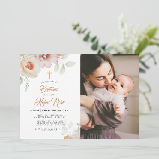 Pastel Perzik Bloemen Waterverf Doopuitnodiging Kaart (Staand voorkant)