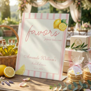 Pastel Perzik Citroen Strepen Bruiloftsfeest Favor Reclamebord Met Voetstuk