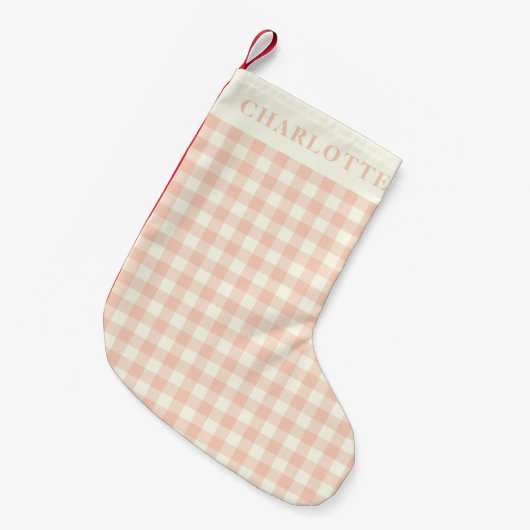 Pastel Perzik Gingham Buffalo Check Plaid Naam Kleine Kerstsok (Voorkant (Hangend))
