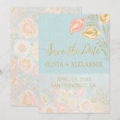 Pastel Perzik Goud Bloem Lentelichtblauw Bruiloft Save The Date (Voorkant / Achterkant)