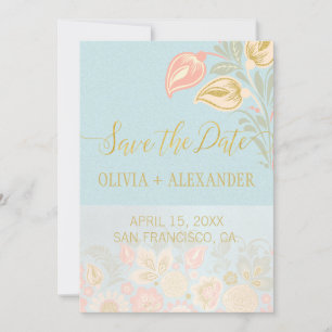 Pastel Perzik Goud Bloemen Lente Licht Blauw Huwel Save The Date