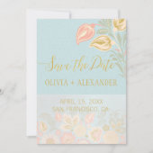 Pastel Perzik Goud Bloemen Lente Licht Blauw Huwel Save The Date (Voorkant)