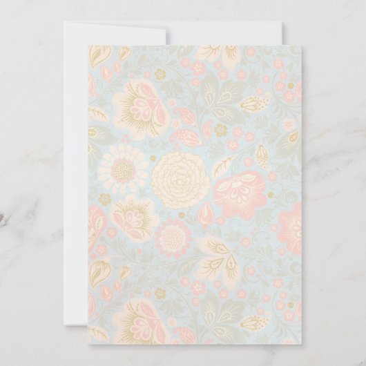Pastel Perzik Goud Bloemen Lente Licht Blauw Huwel Save The Date (Achterkant)