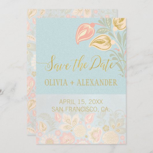 Pastel Perzik Goud Bloemen Lente Licht Blauw Huwel Save The Date (Voorkant / Achterkant)