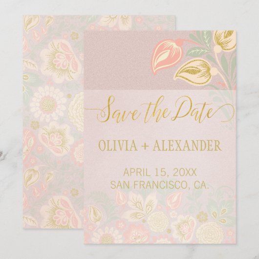 Pastel Perzik Goud Bloemen Lente Roze Blush Weddin Save The Date (Voorkant / Achterkant)