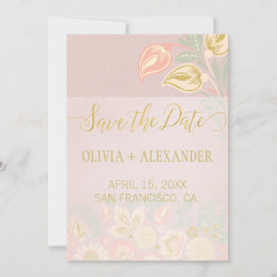 Pastel Perzik Goud Bloemen Lente Roze Blush Weddin Save The Date