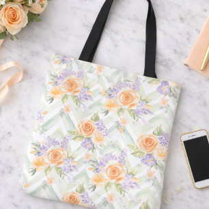 Pastel Perzik Lavendel Bloemige Salie Chevron Bood Tote Bag