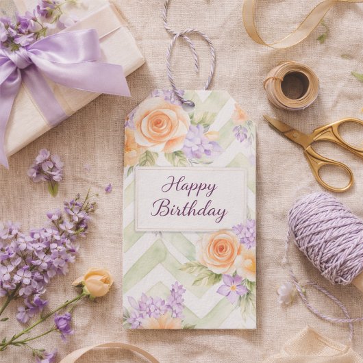 Pastel Perzik Lavendel Bloemige Salie Chevron Cadeaulabel