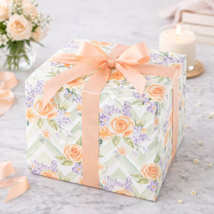 Pastel Perzik Lavendel Bloemige Salie Chevron Verj Cadeaupapier