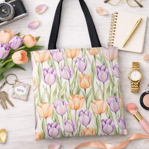 Pastel Perzik Paarse Tulp Bloempatroon Lente Bloem Tote Bag