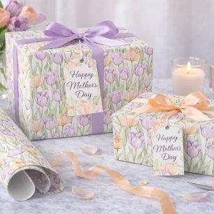 Pastel Perzik Paarse Tulpen Lente Bloemen Cadeaupapier