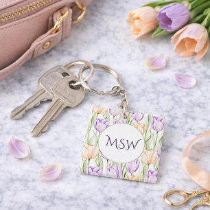Pastel Perzik Paarse Tulpen Lente Bloemen Monogram Sleutelhanger