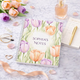 Pastel Perzik Paarse Tulpen Lente Bloemen Naam Notitieboek