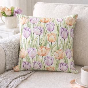 Pastel Perzik Paarse Tulpen Paas Lente Bloemen Kussen