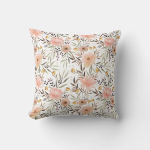 Pastel Perzik Roze Olijf Waterverf Bloemmotief Kussen