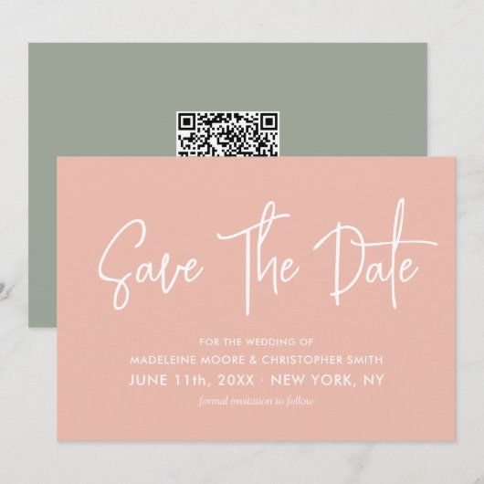 Pastel Perzik & Sage Groene Kalligrafie Scan QR Co Save The Date (Voorkant / Achterkant)
