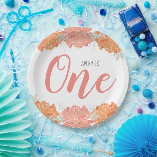 Pastel perzik & Sinaasappel Bloemen Baby's 1e verj Papieren Bordje (Feest)