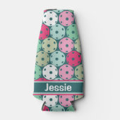 Pastel Pickleballen op donkergroen, met naam Flesjeskoeler (Voorkant)