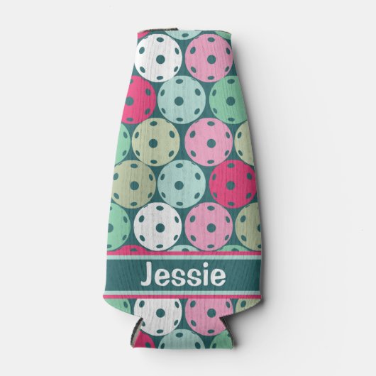 Pastel Pickleballen op donkergroen, met naam Flesjeskoeler (Voorkant)