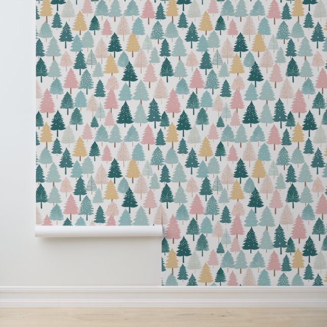 Pastel Pine Forest kerstbomen Patroon Behang (Applicatie)