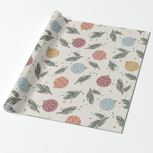 Pastel Pine Holly Ornamenten Kerstmis Cadeaupapier (Uitgerold)