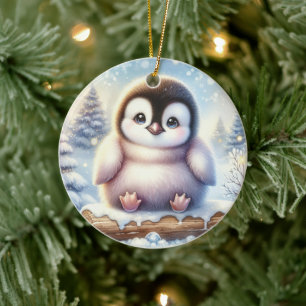 Pastel Pines & Pinguïn Whimsy Keramisch Ornament