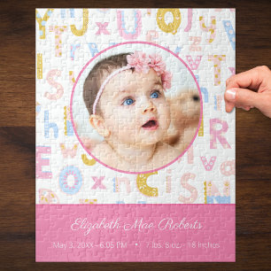 Pastel Pink ABC Birth Record Stat Baby Girls Foto Legpuzzel