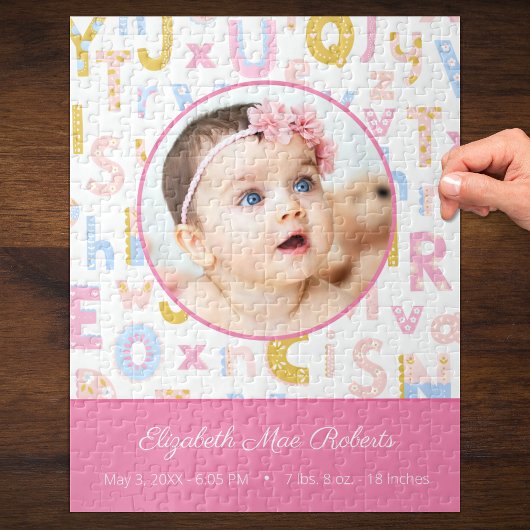 Pastel Pink ABC Birth Record Stat Baby Girls Foto Legpuzzel