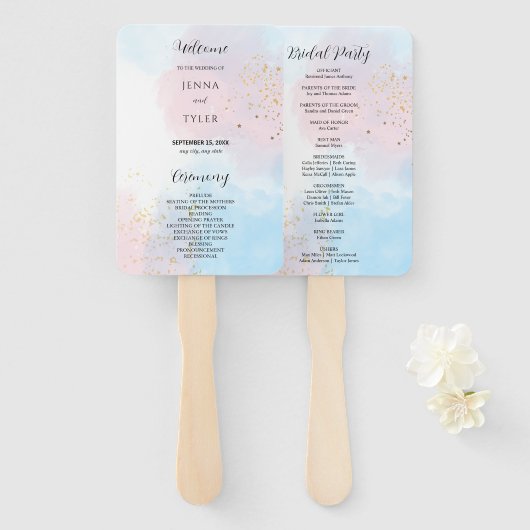 Pastel Pink and Blue Waterverf Wedding Programme Handwaaier (Voorkant en achterkant)