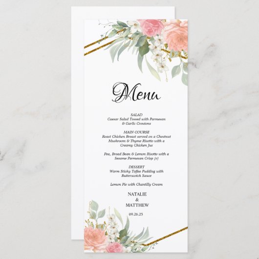 Pastel Pink and Gold Wedding Menus Menu (Voorkant / Achterkant)